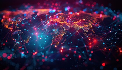 Cyberspace maping with futuristic international telecommunication network, concept about global data transfer, background with colourful abstract dynamic gradient line flows connecting cityspace aroun