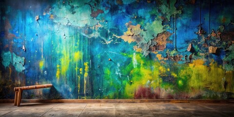 A weathered wooden object rests against a vibrant, multi-hued wall with peeling paint, showcasing an eclectic blend of colors and textures in a room with a simple floor.