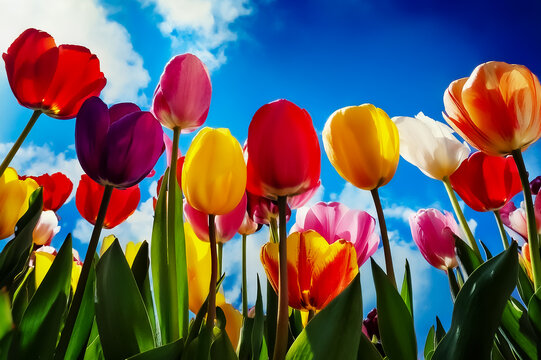 Mehrfarbig bl&uuml;hende Tulpen mit blauem Himmel im Hintergrund
