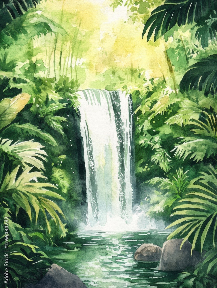 Poster waterfall cascading through lush tropical rainforest under soft sunlight filtering through the canop