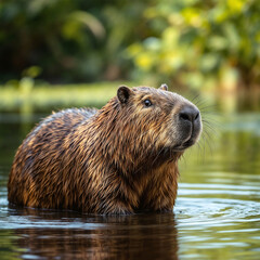 Fototapeta premium Serene Capybara Cooling in Calm Waters Against Green Backdrop