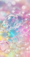 Close-up pastel soap bubbles, rainbow colors, blurred background