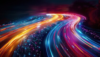 Cyberspace maping with futuristic international telecommunication network, concept about global data transfer, background with colourful abstract dynamic gradient line flows connecting cityspace aroun