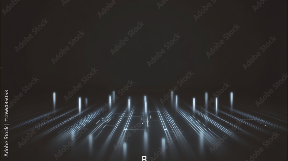 Poster abstract circuit board with glowing pillars and lines on dark background