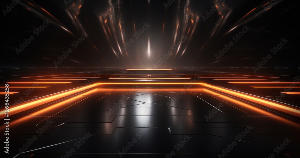 Poster abstract empty scene with glowing lines on a dark background for product presentation, a futuristic 