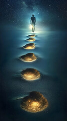 Obraz premium Solitary figure walking towards a bright light on a path of glowing footprints across a dark, starry landscape; spiritual journey, hope, meditation
