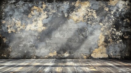 Dark moody grunge wall texture rustic wooden floor background. AI Generated