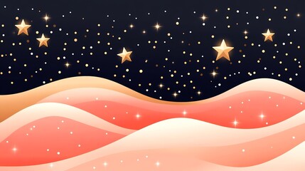 Naklejka premium Soft pink waves gently roll under a dark night sky sparkling with golden stars.. AI Generated