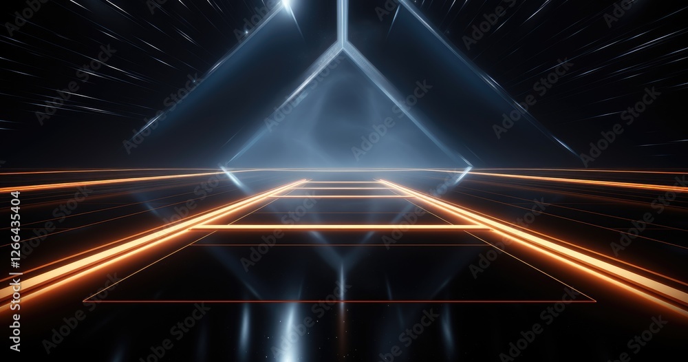 Poster abstract empty scene with glowing lines on a dark background for product presentation, a futuristic 