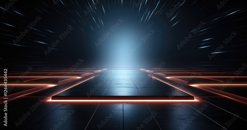 Poster abstract empty scene with glowing lines on a dark background for product presentation, a futuristic 