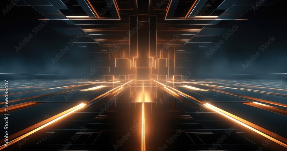 Poster abstract empty scene with glowing lines on a dark background for product presentation, a futuristic 