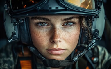 Determined Female Pilot with Helmet and Intense Gaze in Cockpit