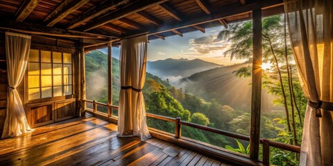 Fototapeta premium Serene Mountain Vista from a Wooden Balcony with Light Filtering Through Sheer Curtains