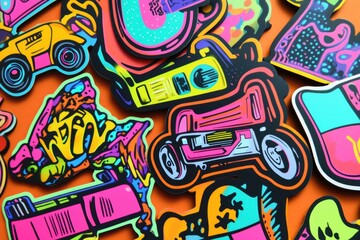 Retro inspired sticker designs featuring roller skates, cassette tapes and electric guitars with bold graffiti typography. Generative AI