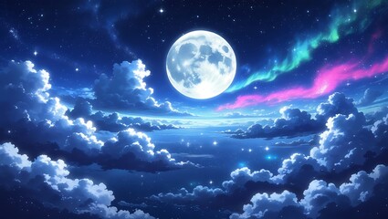 Obraz premium Anime style of night sky full moon with Glowing Fireflies Under a Starry Sky