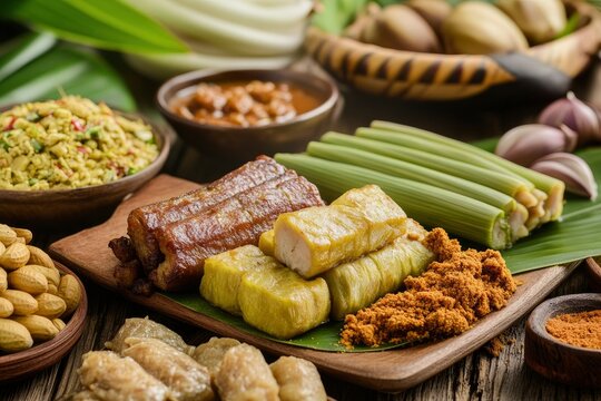 Malaysian Traditional Muslim Food During Hari Raya, Lemang, Ketupat, Rendang, Serunding and peanut with generative ai