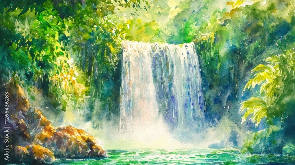 Leinwandbilder majestic waterfall cascading into tranquil pool surrounded by lush greenery during daylight in a ser