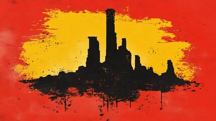 Red Yellow Abstract Industrial Cityscape Silhouette. AI Generated