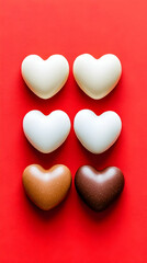 Obraz premium Six heart-shaped chocolates arranged on red background; Valentine's Day, love, romance, sweets