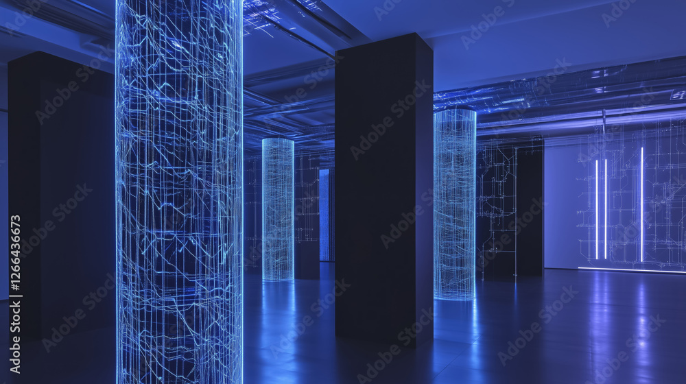 Poster futuristic room with glowing blue digital patterns on pillars and walls, creating high tech ambiance