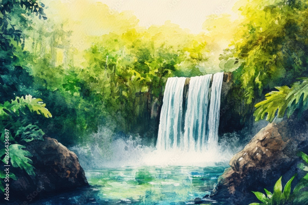Poster Waterfall cascading through lush greenery in a tranquil forest setting during golden hour light. Generative AI