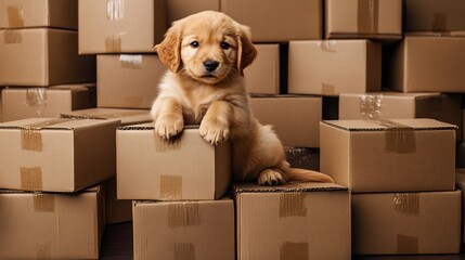 Fototapeta premium Adorable Golden Retriever puppy sits calmly amidst stacked cardboard boxes soft warm light. AI Generated