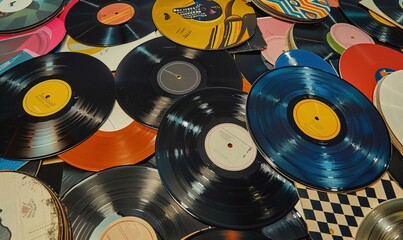 Vinyl records collection. Vintage discs background for music store, home decoration