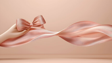 Elegant rose gold ribbon bow floats, soft background; ideal for gift, celebration, luxury branding