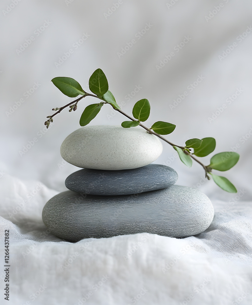 Poster a serene arrangement of three smooth stones topped with a delicate green branch, symbolizing balance