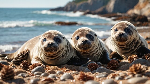 Three seals resting on a beach, surrounded by stones and pinecones.