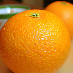 Close-up of a ripe orange on a table, another orange in the background, blurry green cup out of focus.  Food photography for recipe blogs, websites, or cookbooks