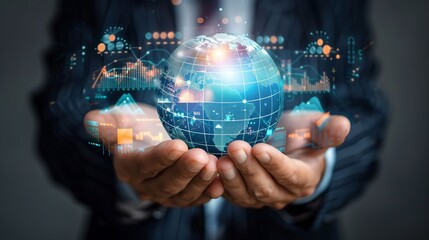 Global Business Analytics Person Holding Digital Earth with Data Visualization