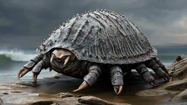 Unusual sea creature with spiked shell and crab-like claws on rocky shoreline