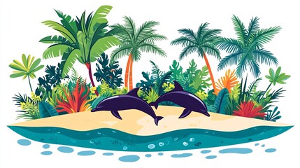 Fototapeta premium Playful Dolphins Leap Vibrant Tropical Island Paradise. AI Generated