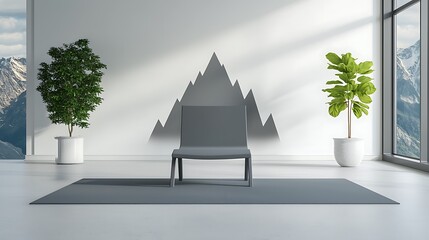 Modern minimalist interior featuring a chair, plants, and mountain shadow in a bright room