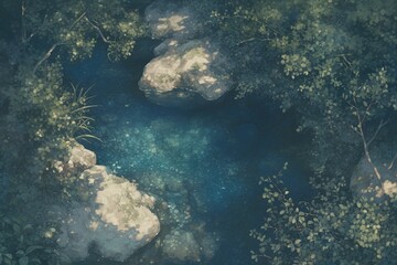 Stream flows through rocks, trees, and light. Possible background for art