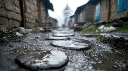 Fototapeta premium Rainy day in mountain village, muddy path, simple homes