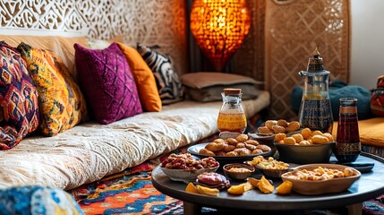 Colorful cushions, snacks, and drinks on a low table in a bohemian-style room.