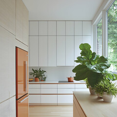 Modern kitchen design with orange refrigerator, plants, and large window. Ideal for home decor blogs and magazines