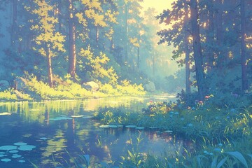 Stream flows thru forest, sun shines, for use in nature themed visuals