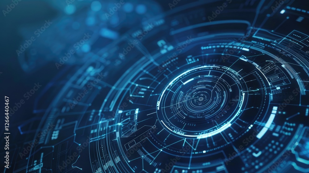 Poster abstract high tech blue screen background with circle graphs and diagrams