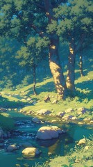 Stream through forest with sunlight, for relaxation and nature scenes