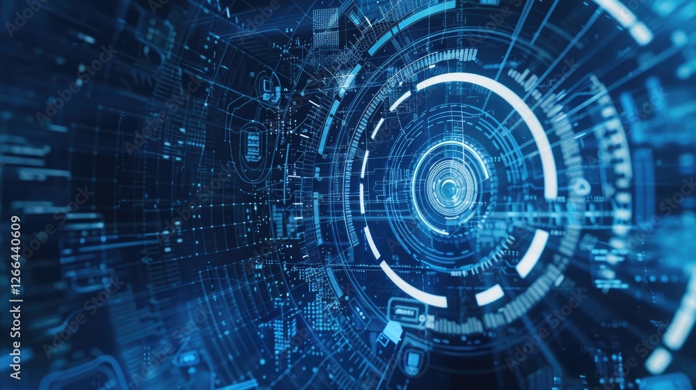 Poster abstract high tech blue screen background with circle graphs and diagrams