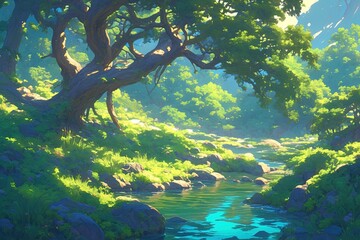 Stream through forest with trees, rocks, and sunny background. Stock use