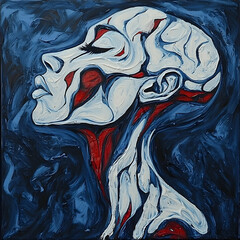 Obraz premium Serene profile portrait of a woman's head and neck, anatomical structures depicted, dark blue background, ideal for medical or art publications