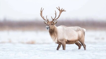Reindeer walking winter snow field, wildlife