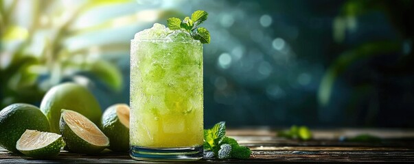 drinks mocktail fizzy concept. Refreshing green cocktail garnished with mint and lime on a rustic wooden surface.