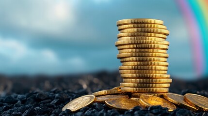 Pile of Gold Coins with Dramatic Cloudy Background and Rainbow