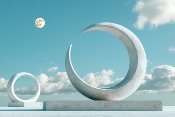 Abstract moon-shaped sculptures on platforms, serene sky background, digital art