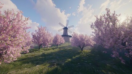 Spring windmill in a blossoming orchard
